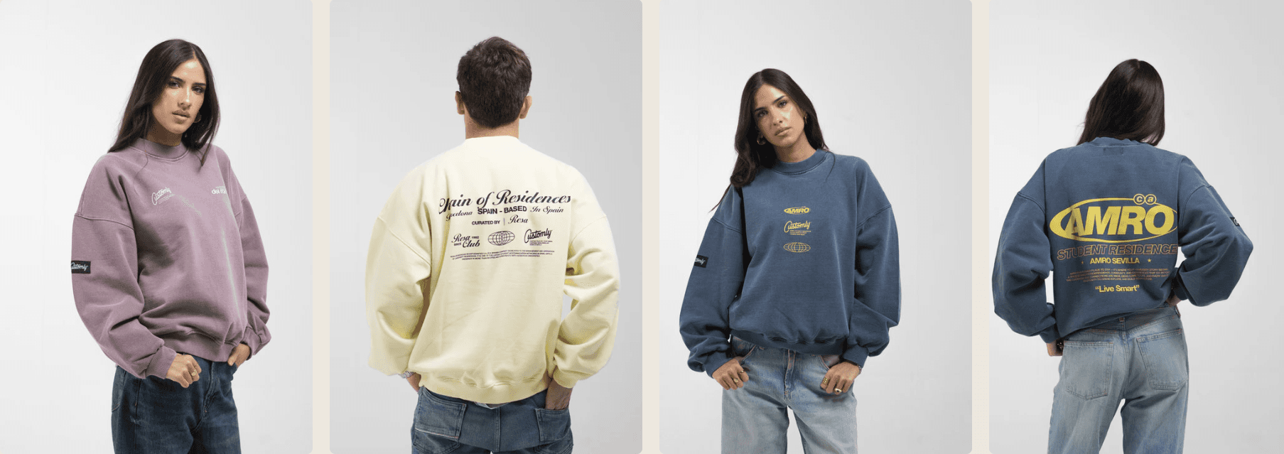 Cuatro personas mostrando sudaderas personalizadas de Wasting Time, por delante y por detrás